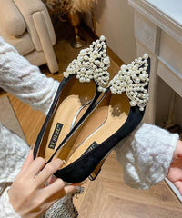 Suede Wedge Heels Shoes Splicing Black Pointed Toe Nail Bead