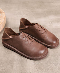 Coffee Cowhide Leather Flats Lace Up Flats