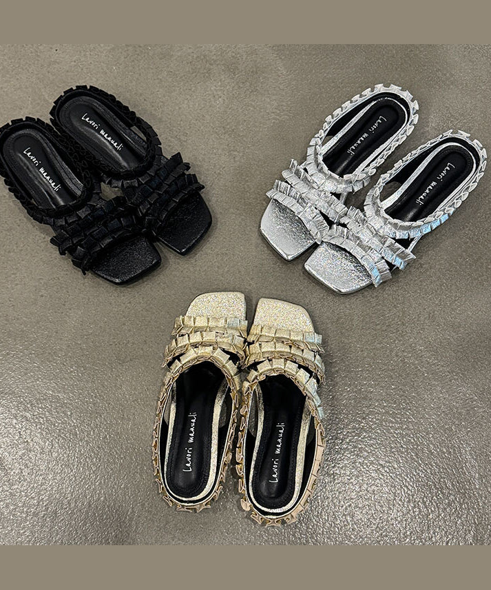 New Black Wrinkled Sheepskin Slide Sandals Peep Toe