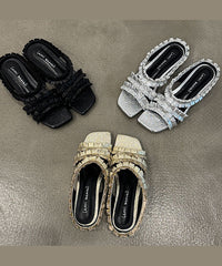 Black Wrinkled Sheepskin Slide Sandals Peep Toe