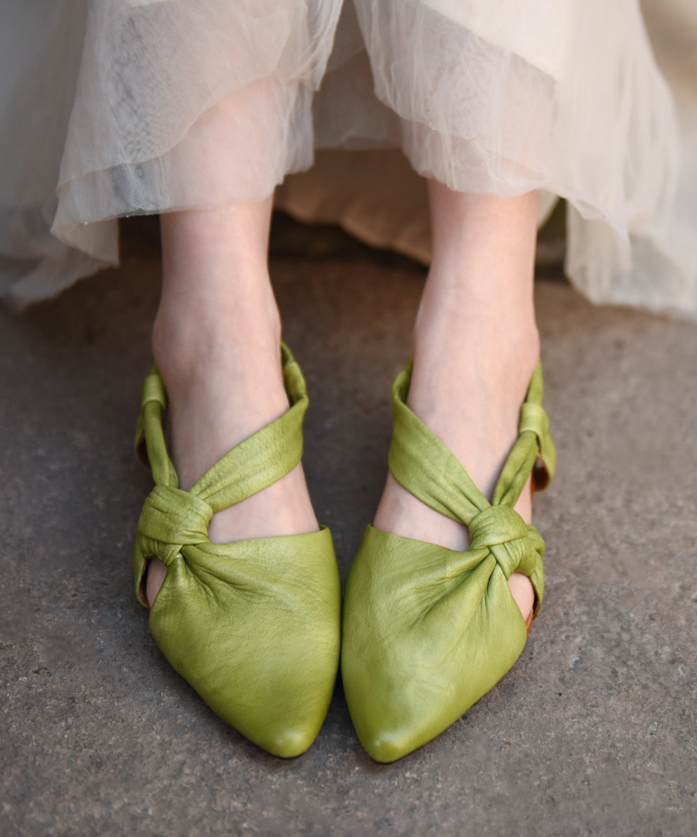 Green Cowhide Leather Hollow Out Flat Sandals Pointed Toe
