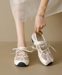 Women Splicing Platform Flat Shoes Black Cowhide Leather Lace Up