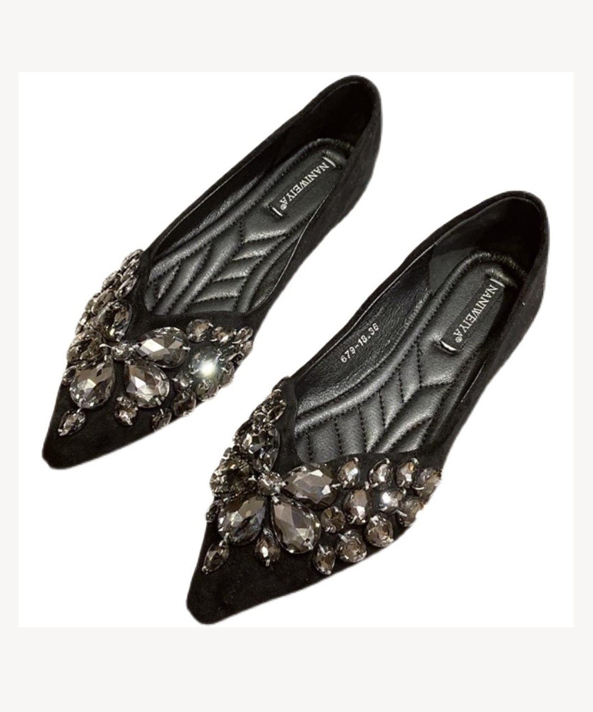 Black Flat Shoes  Splicing Zircon Pointed Toe