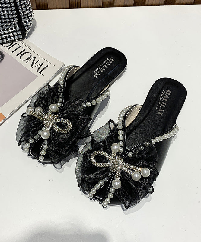 Versatile Black Bow Nail Bead Slide Sandals