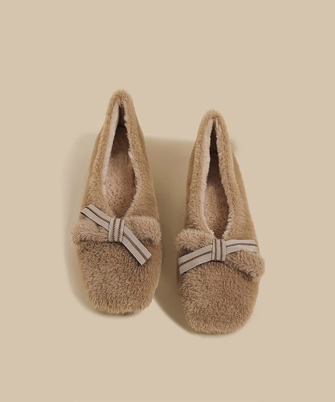 Splicing Khaki Fuzzy Wool Lined Chunky Shoes