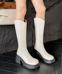 Stylish Versatile Zippered Chunky Boots Beige Cowhide Leather