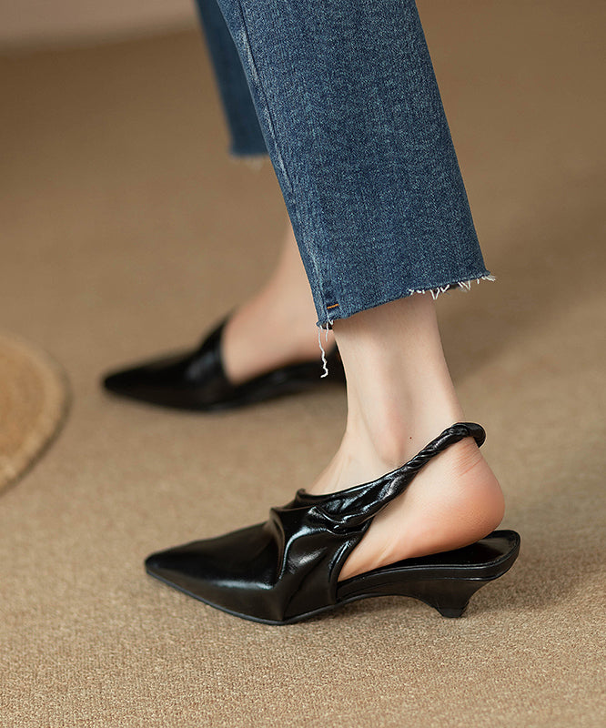 Black Kitten Cowhide Leather Handmade Splicing Sandals Pointed Toe