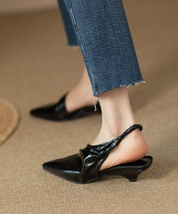 Black Kitten Cowhide Leather Handmade Splicing Sandals Pointed Toe