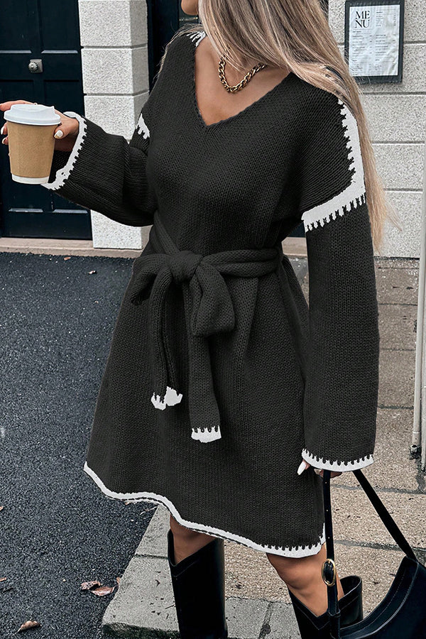Loose-fitting Long-sleeved Tie-waist Knit Mini Dress