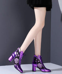 Purple Breathable Mesh Splicing Cowhide Leather Chunky Boots