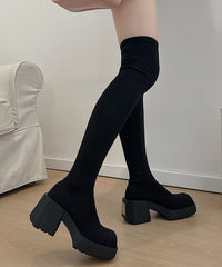 Grey Knit Fabric Chic Splicing Chunky Heel Knee Boots