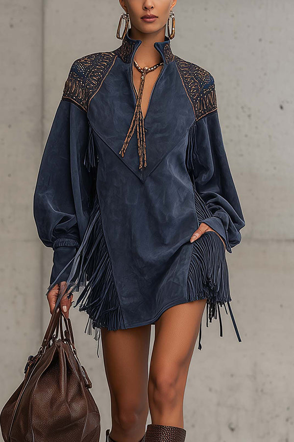 Suede V-neck Long-sleeved Tassel Loose Mini Dress