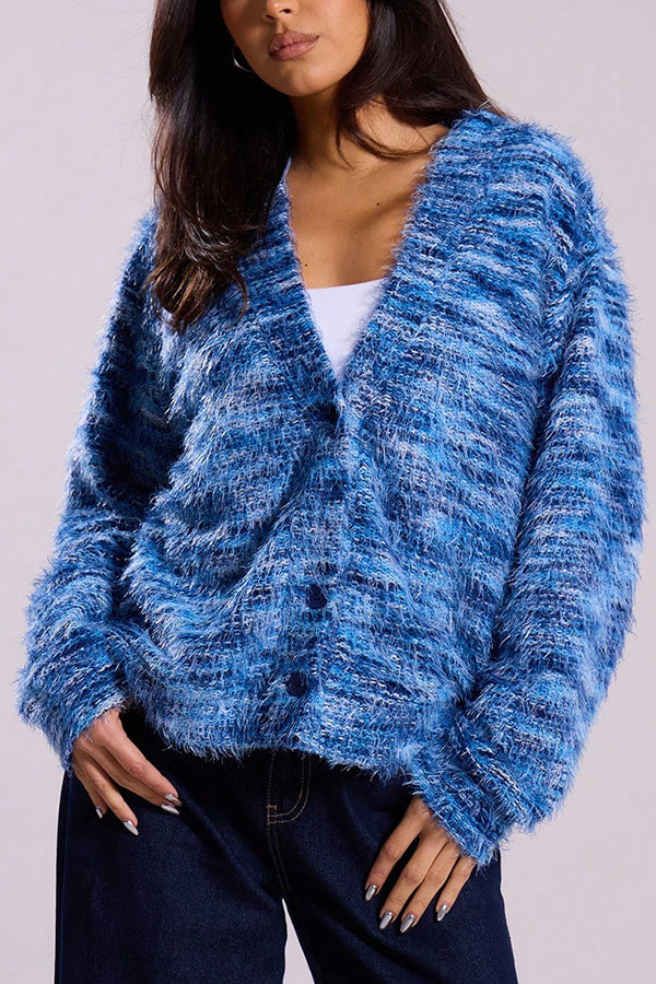 Mixed Color Loose V-neck Casual Knit Cardigan