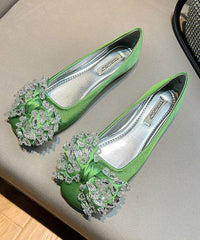 Splicing Flat Shoes For Green Satin Bow Zircon