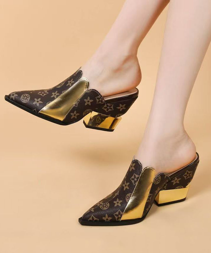 Colorblock Splicing Wedge Cowhide Leather Slide Sandals Pointed Toe