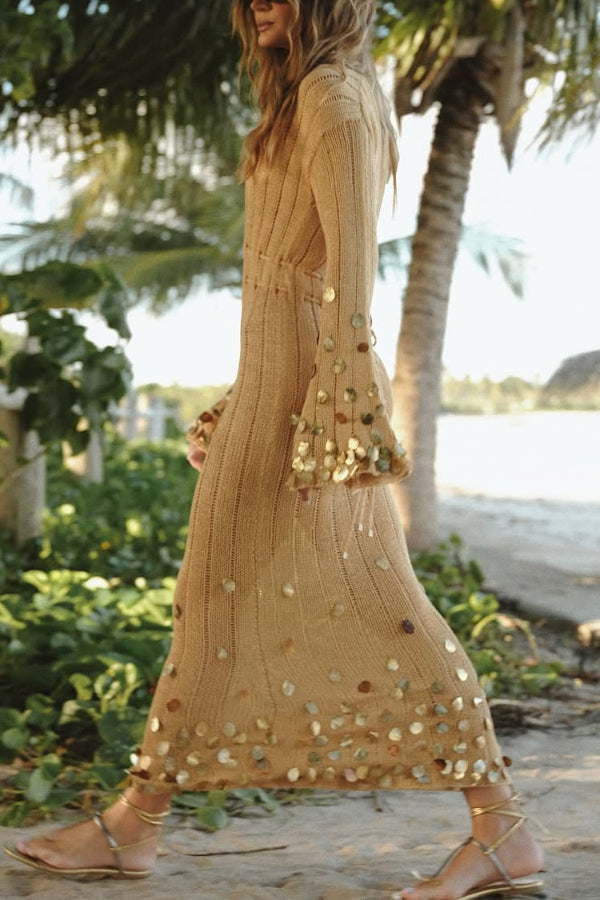 V-neck Flared Long-sleeved Knit Sequined Maxi Dress