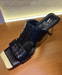 Black Chunky Heel Faux Leather Elegant Slide Sandals Peep Toe