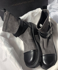 Grey Cowhide Leather Splicing Chic Suede Boots