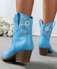 Stylish Blue Solid Chunky Faux Leather Ankle Boots Embossed