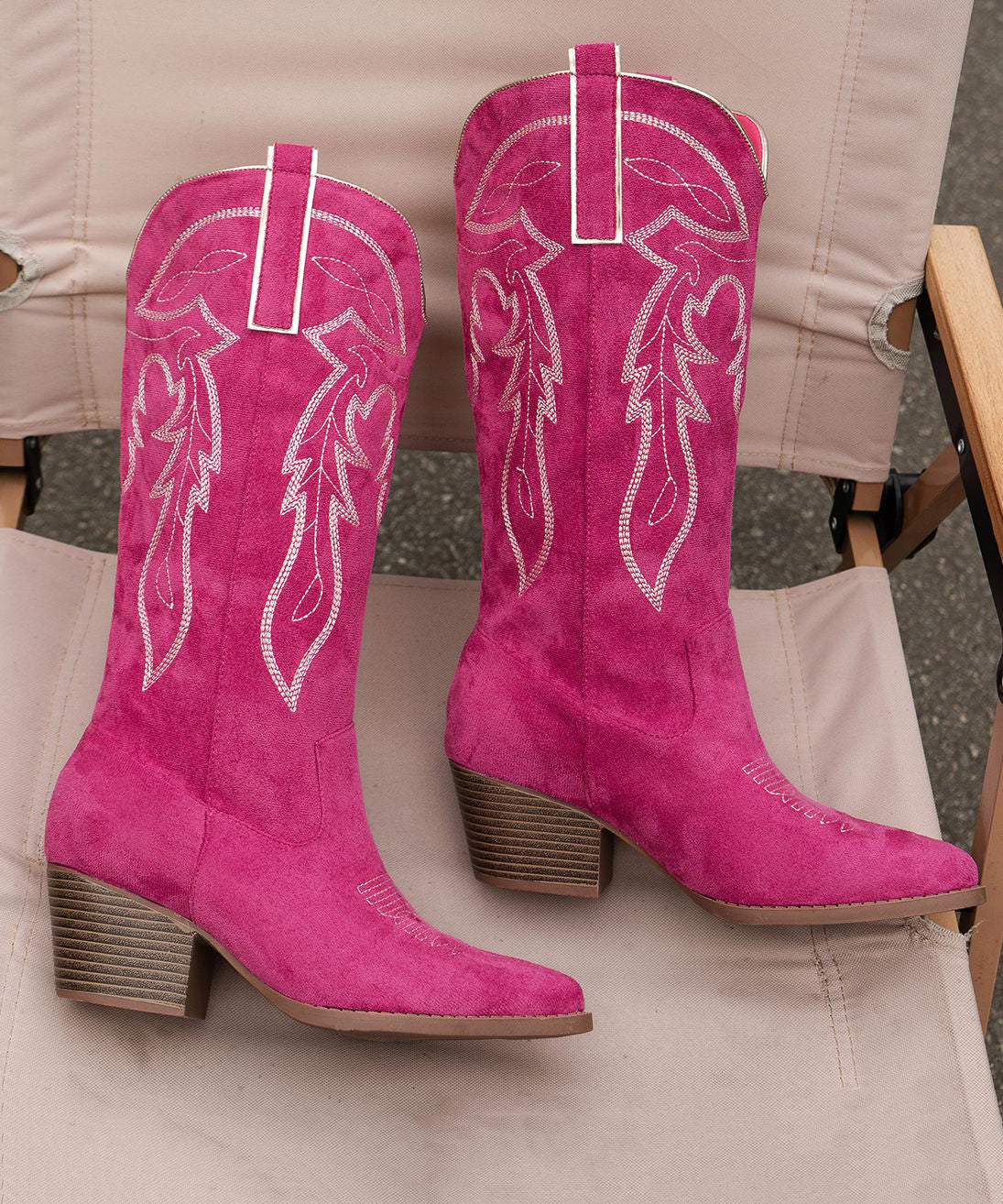 Green Pointed Toe Solid Suede Embossed Chunky Boots