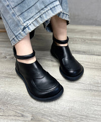 Retro Comfy Black Cowhide Leather Splicing Boots