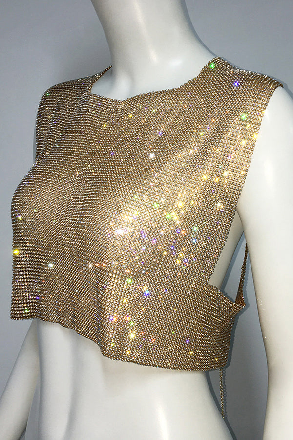 Metallic Rhinestone Backless Chain Vest