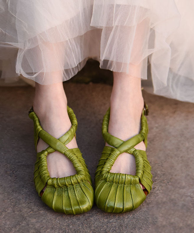 Splicing Sandals Green Cowhide Leather Hollow Out Cross Strap