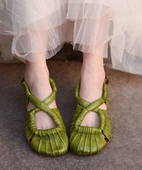 Splicing Sandals Green Cowhide Leather Hollow Out Cross Strap