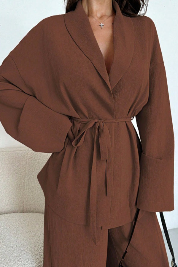 Solid Color Collared Long-sleeved Tie-waist Loose Top and Elastic Waist Casual Wide-leg Pants Set