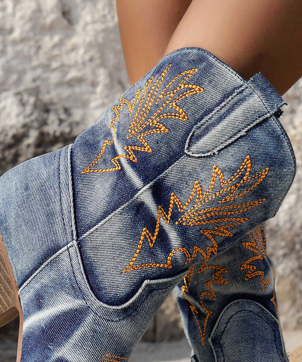 Art Blue Embossed Boots Splicing Chunky Cowboy Boots