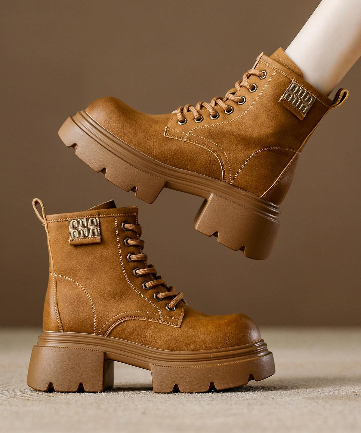 Brown Platform Cowhide Leather Women Splicing Boots Lace Up