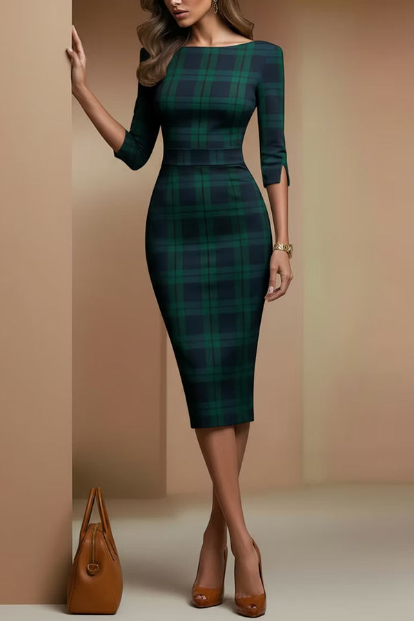 Plaid Print Half Sleeves Fitted Elegant Midi Dress