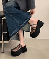 Stylish Splicing Platform Black Breathable Mesh Slide Sandals