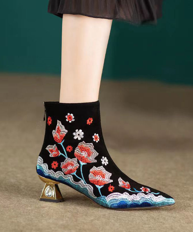 Black Flower Embroidered Pointed Toe Short Boots