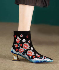 Black Flower Embroidered Pointed Toe Short Boots
