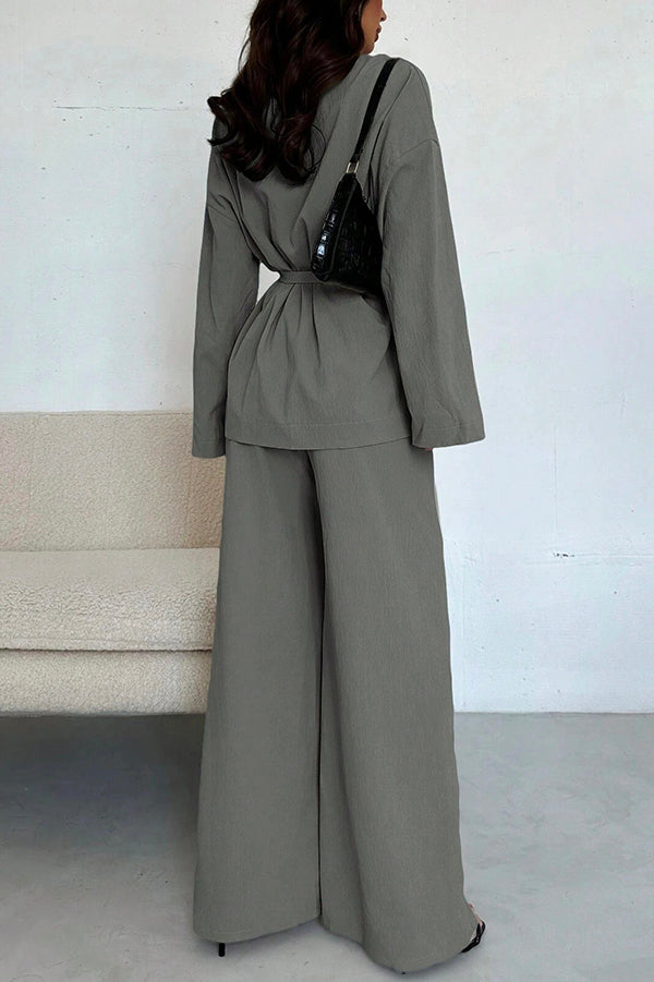 Solid Color Collared Long-sleeved Tie-waist Loose Top and Elastic Waist Casual Wide-leg Pants Set