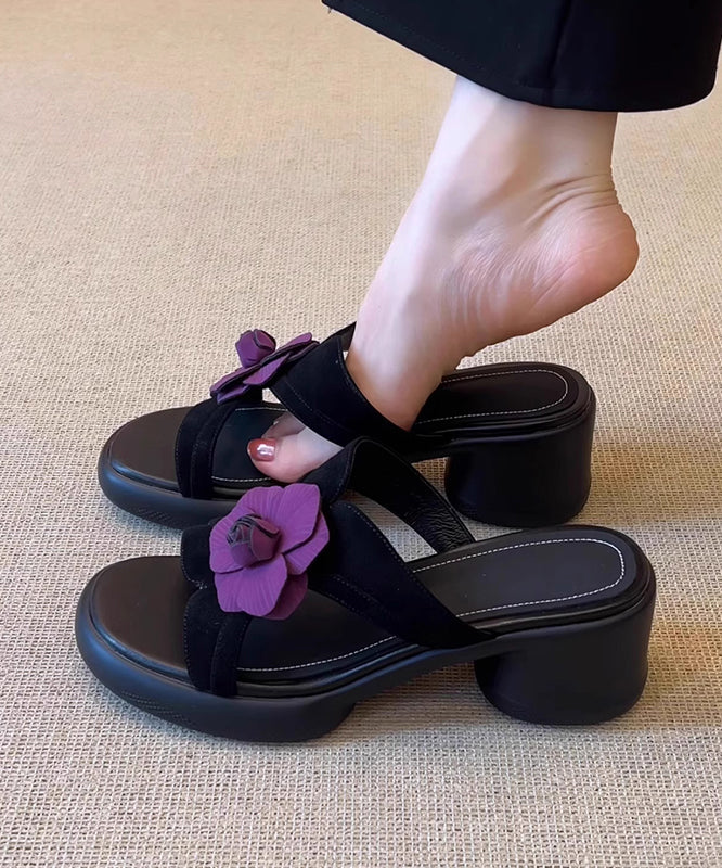 Black Floral Splicing Chunky Slide Sandals Peep Toe