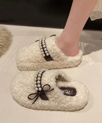 White Faux Fur Slippers Shoes Splicing Nail Bead