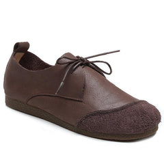 Khaki Genuine Leather Flat Shoes For Lace Up Splicing Flat Shoes