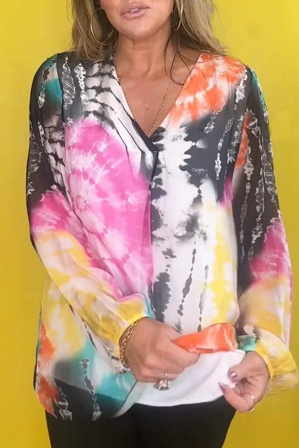 Gradient Tie-dye V-neck Long-sleeved Casual Shirt