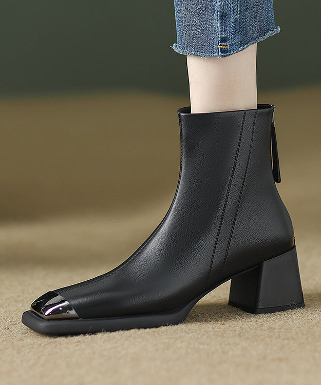 Zippered Splicing Elegant Chunky Boots Brown Cowhide Leather