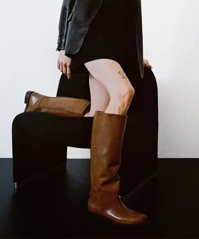 Brown Chunky Cowhide Leather Splicing Boots