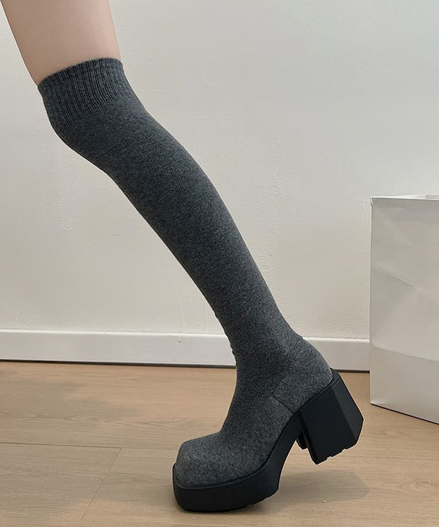 Grey Knit Fabric Chic Splicing Chunky Heel Knee Boots