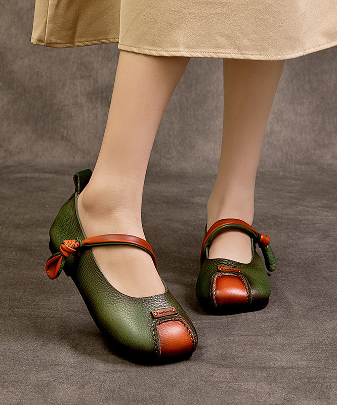 Retro Green Cowhide Leather Splicing Flat Feet Shoes Buckle Strap