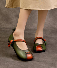 Retro Green Cowhide Leather Splicing Flat Feet Shoes Buckle Strap