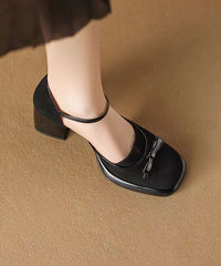 Splicing Buckle Strap Chunky Heel Sandals Brown Suede