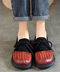 Chic Red Cowhide Leather Wrinkle Splicing Lace Up Flats Shoes
