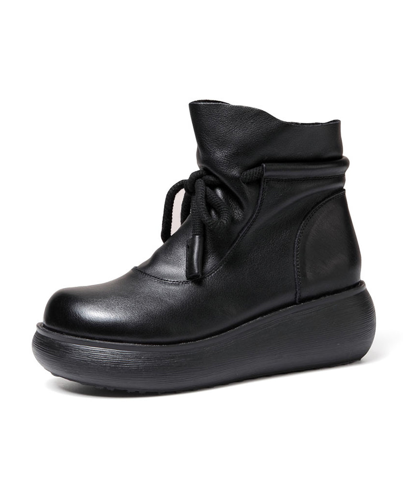 Lace Up Zippered Splicing Platform Boots Black Cowhide Leather