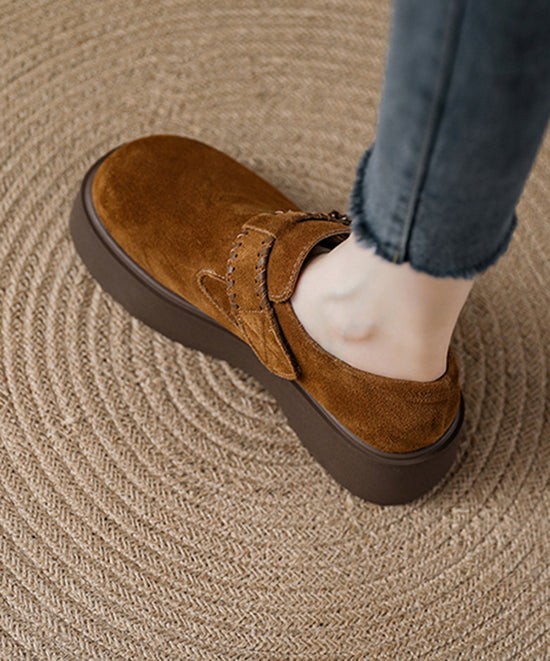Caramel Suede Platform Flat Shoes For Splicing Buckle Strap