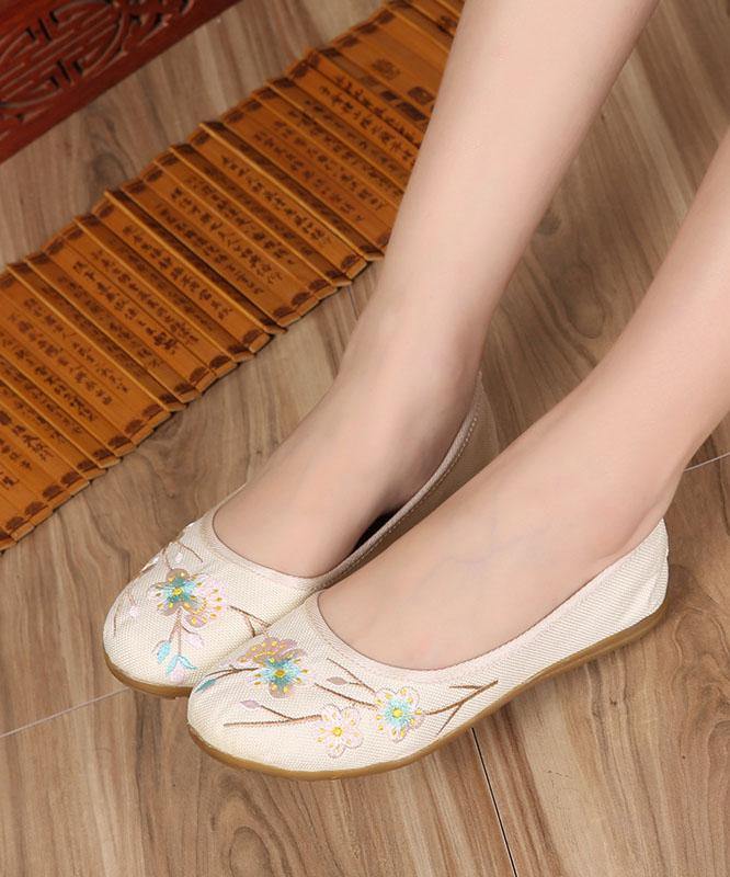 Art Splicing Flat Shoes For Beige Embroideried Cotton Linen Fabric